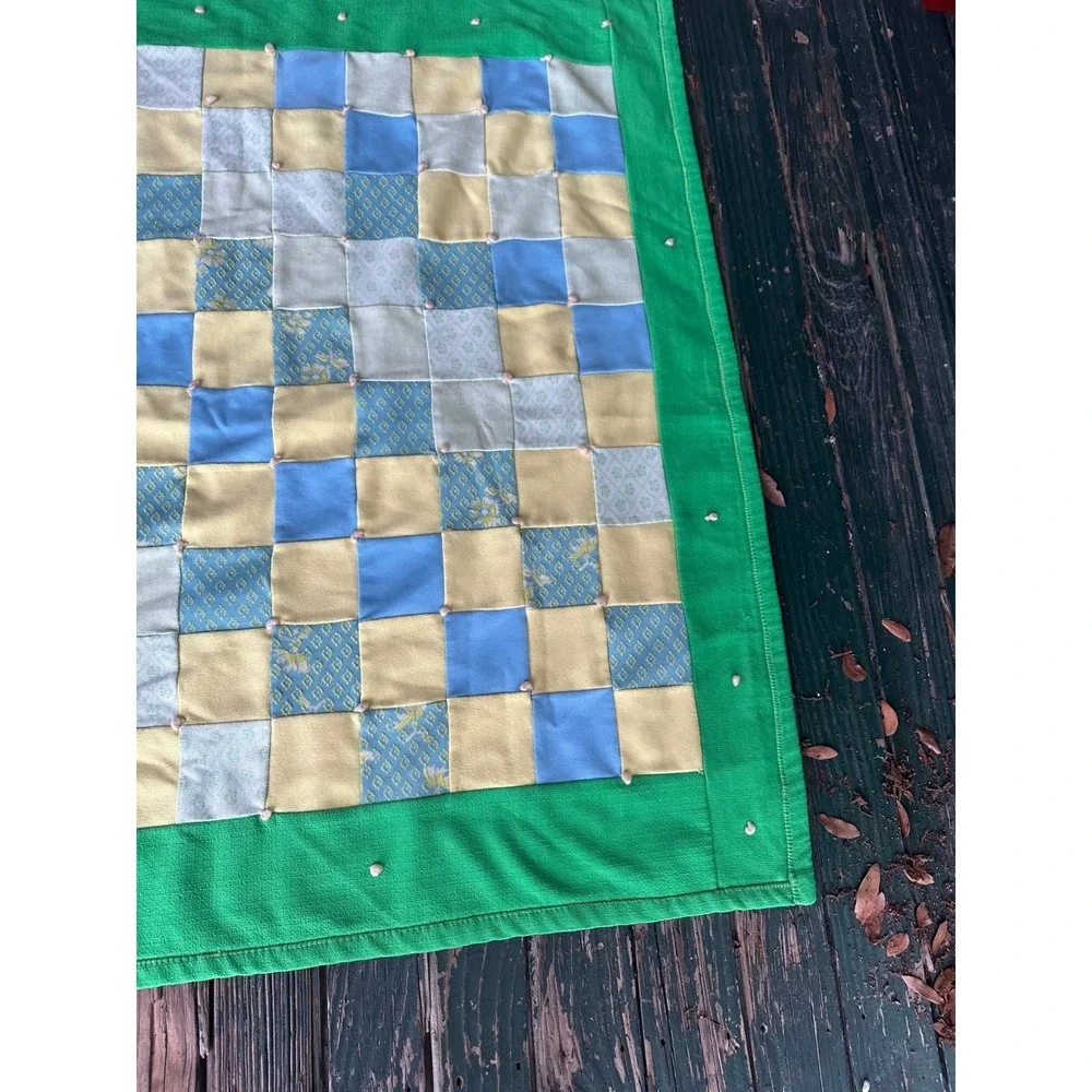 Handmade Patchwork Baby Quilt Green Blue Yellow Square Pattern Lap Blanket 42x42